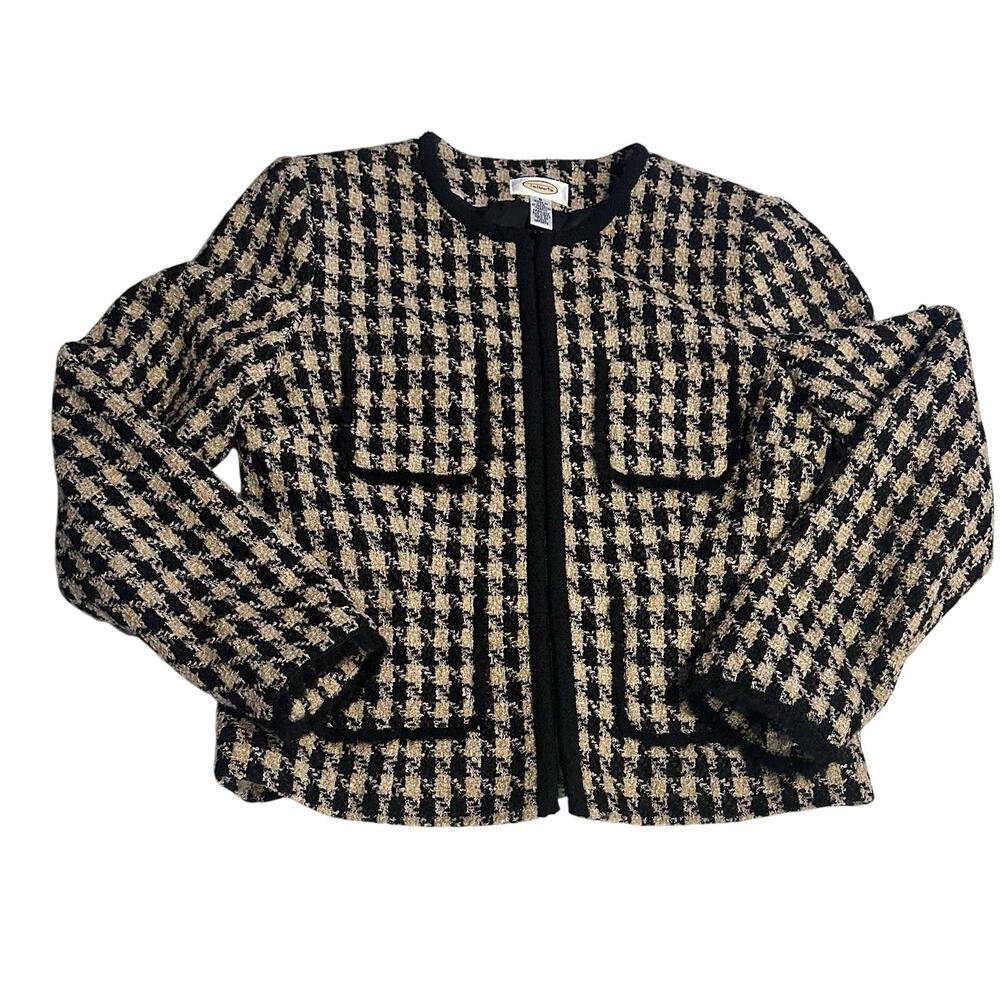 Talbots Houndstooth Tweed Blazer Skirt Set Sz 4 Wool Blend Pockets Zipper Front - Picture 2 of 12